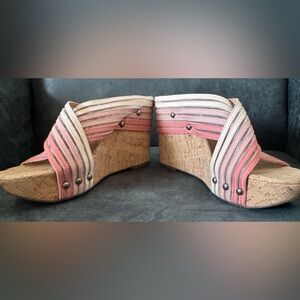 Lucky Brand Pink and Cream Cork Wedge Sandals Festival Cottagecore Coquettecore